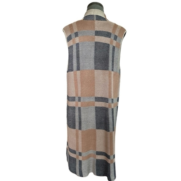 Women’s Cardigan 1775 Long Vest Plaid Open Front Cardigan Knit Sleeveless Jacket - Picture 7 of 9